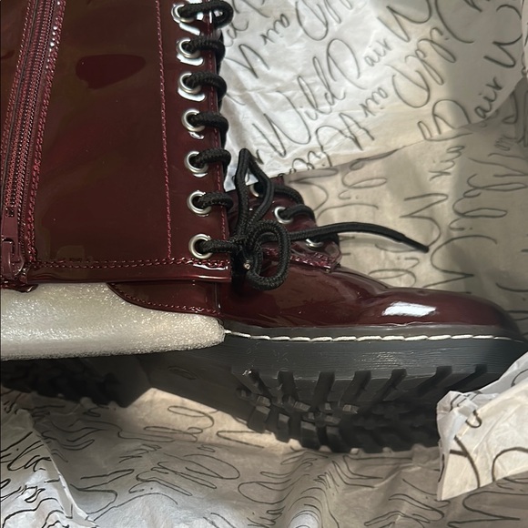 Wild Pair Red Lace Up combat long Boots in burgundy - Picture 3 of 5